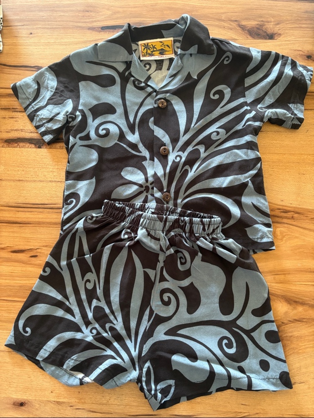 Kids Hawaiian Two-Piece Set in Black and Light Blue - Button-Up Shirt & Shorts
